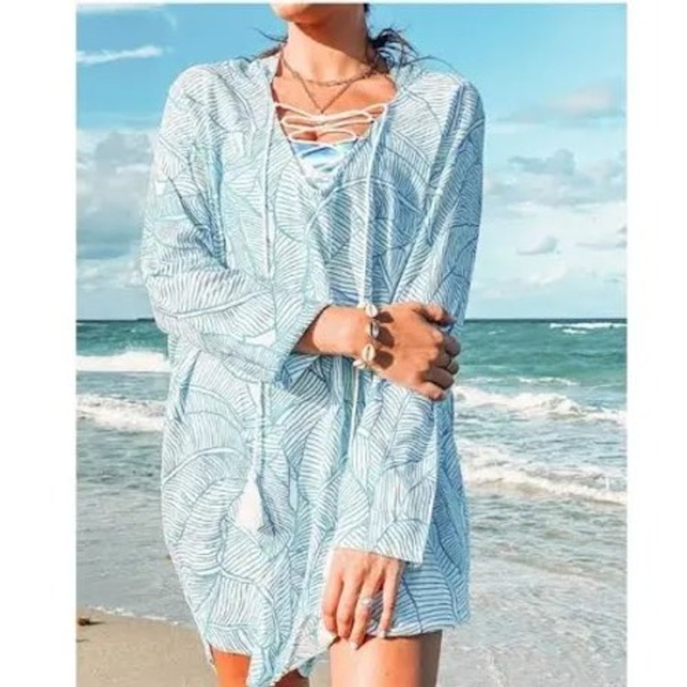Charlie Holiday Blue White Leaf Print Lace Up Tunic Cover Up Dress XS‎